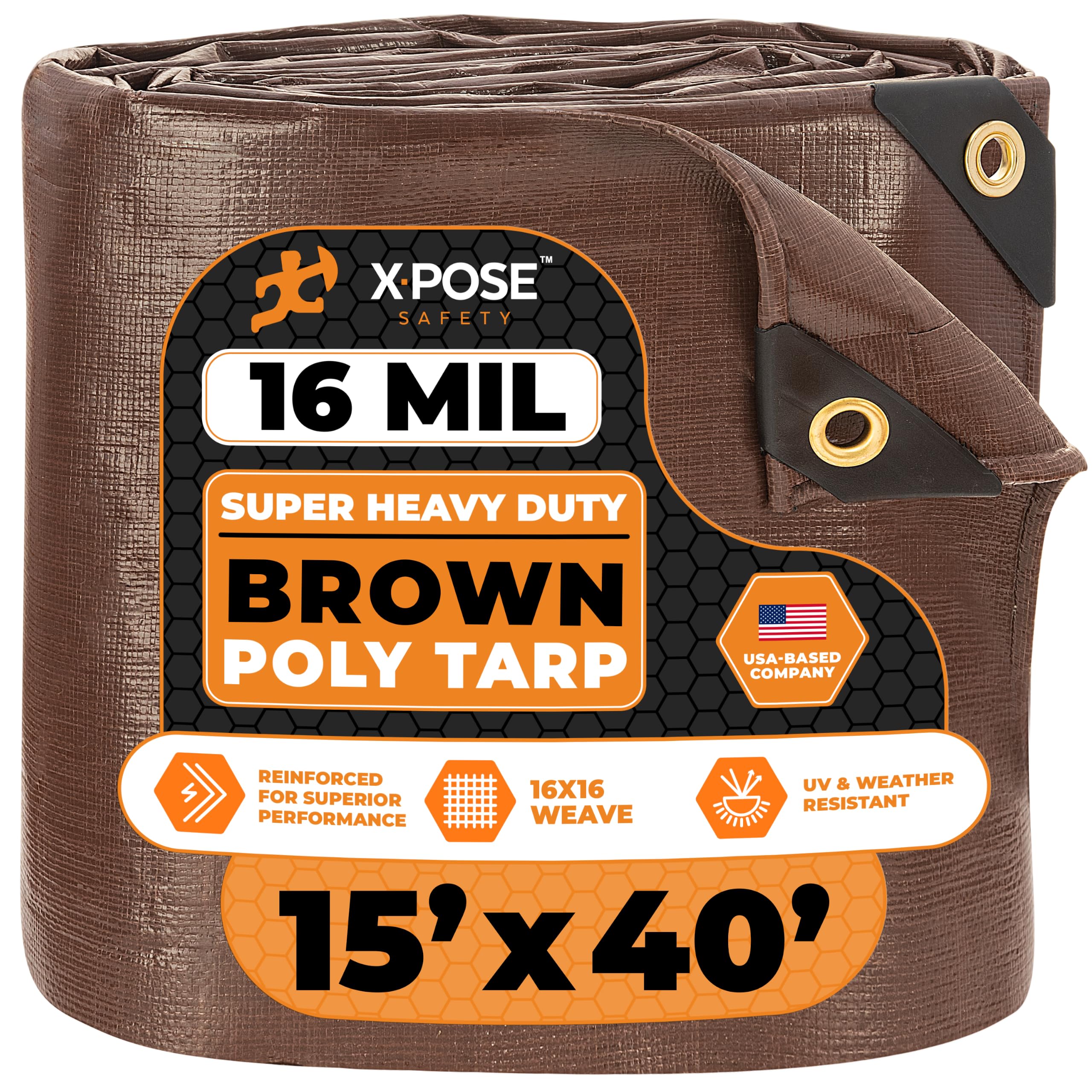 15' x 40' Super Heavy Duty 16 Mil Brown Poly Tarp Cover - Thick